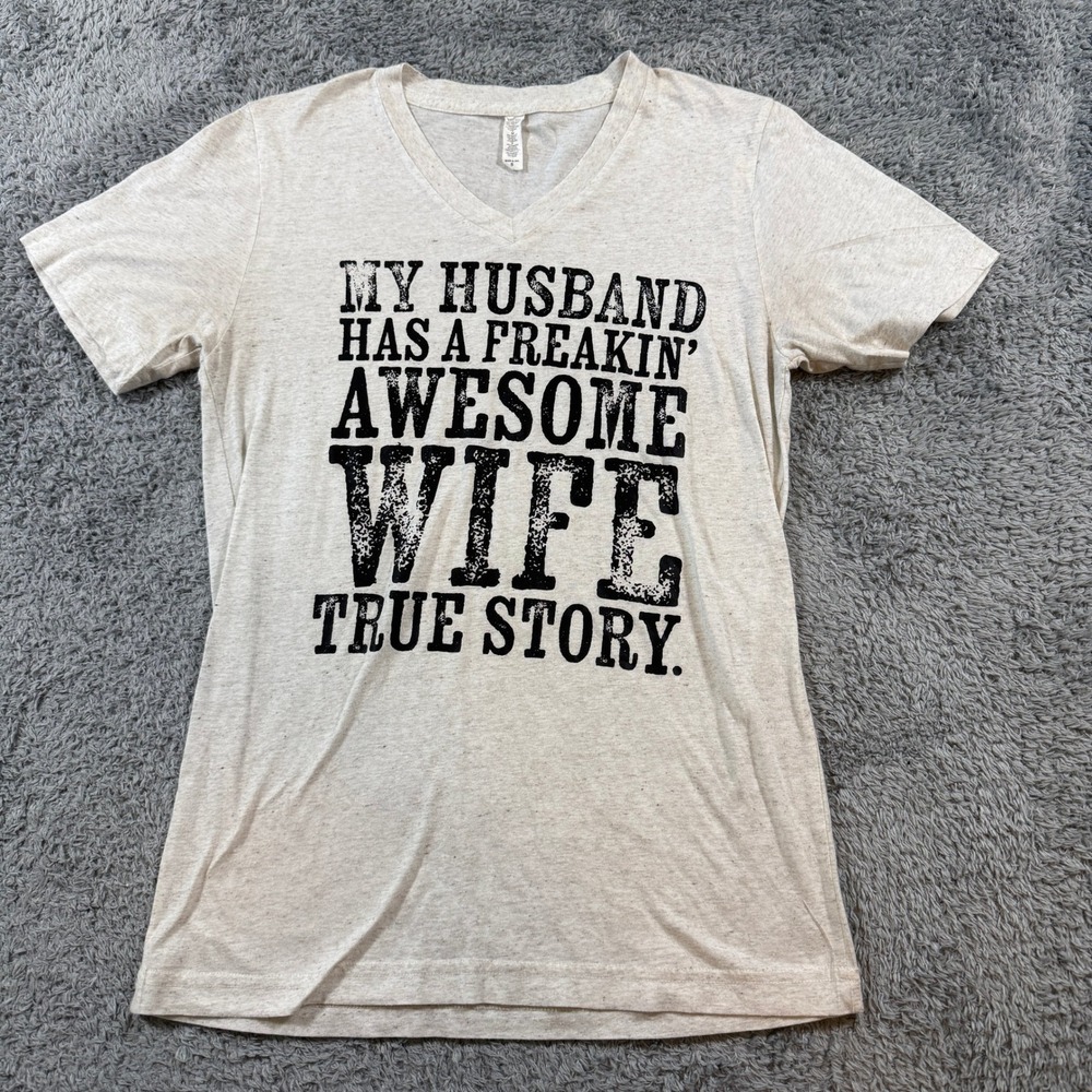 Rubys Rubbish Awesome Wife Graphic V-Neck T-Shirt Small Oatmeal Heather Womens